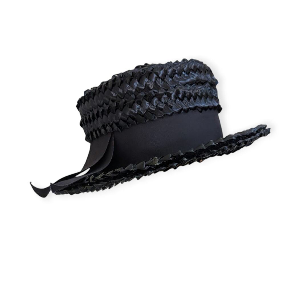 Vintage Union-Made Boater Hat Black Grosgrain Ribbon Sz 6 Woven - Picture 6 of 7